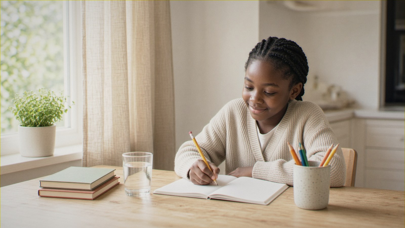 A young girl writes in her exercise book at a sunlit kitchen table at home