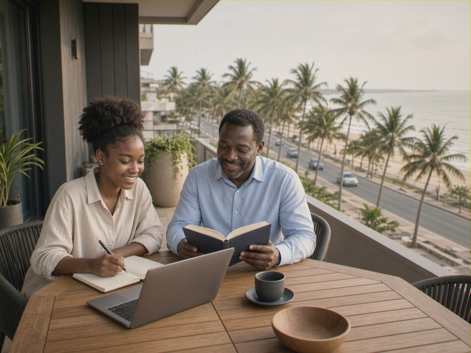 A girl takes notes beside her father on a terrace above the Libreville seafront