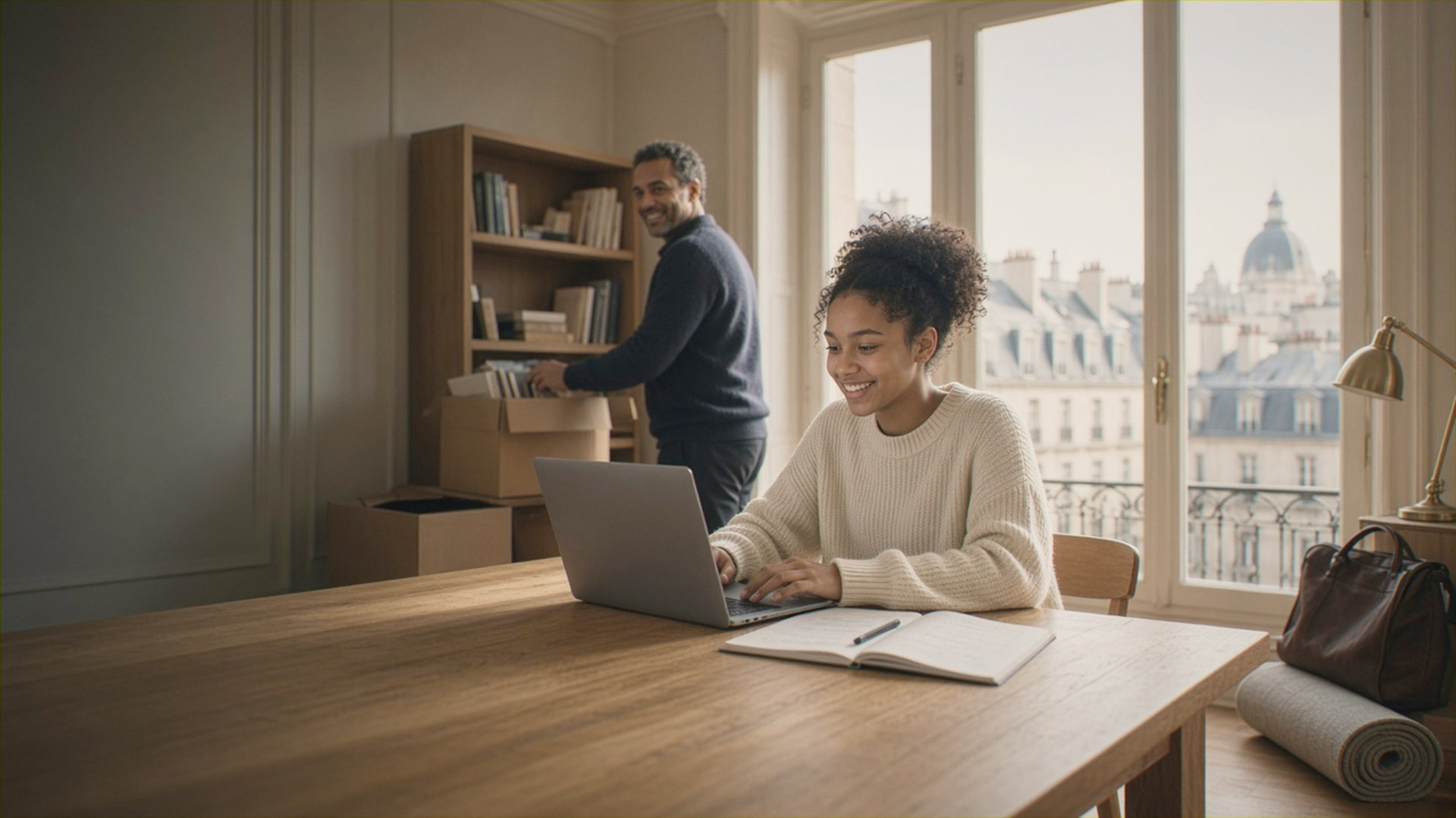 A teenage student smiles at her laptop at a long oak table in a new apartment abroad while her father unpacks books behind her