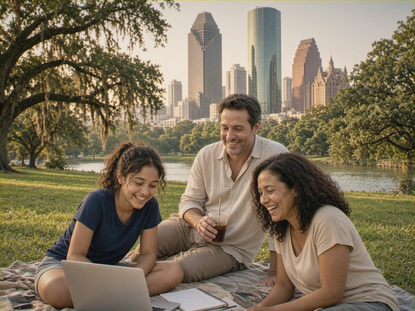 A family on a picnic blanket in Buffalo Bayou Park with the downtown Houston skyline behind them; the daughter works on a laptop