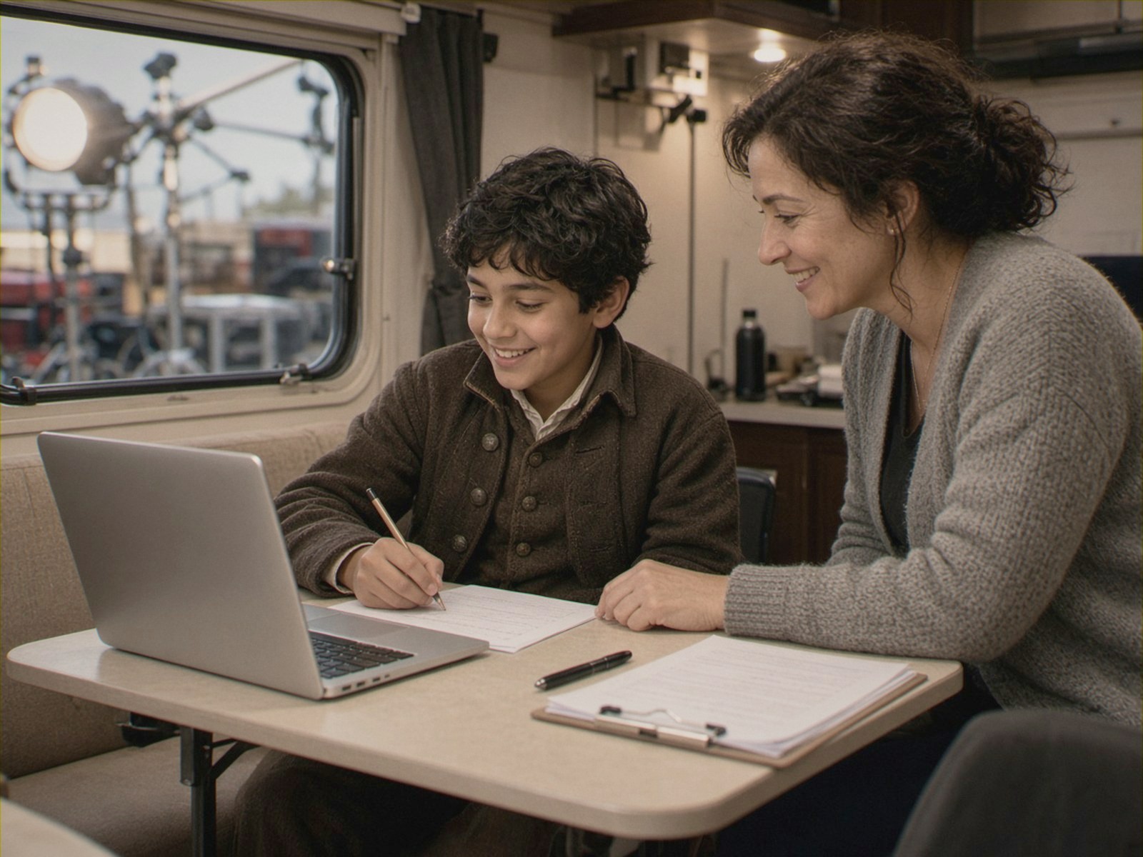 A boy in a period costume does schoolwork with an on-set tutor in a trailer between takes