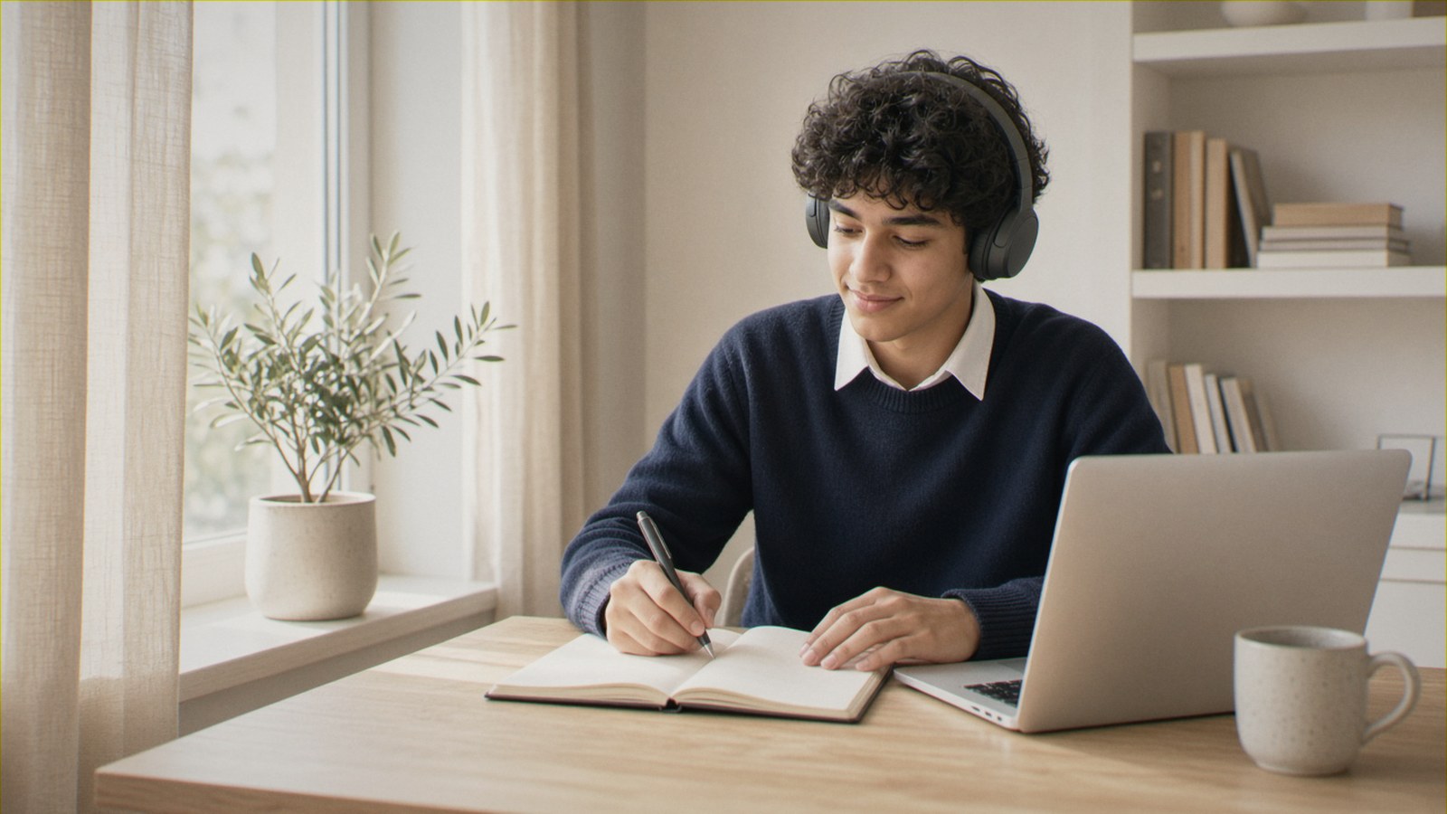 A secondary student with headphones takes notes beside a laptop at a bright window desk
