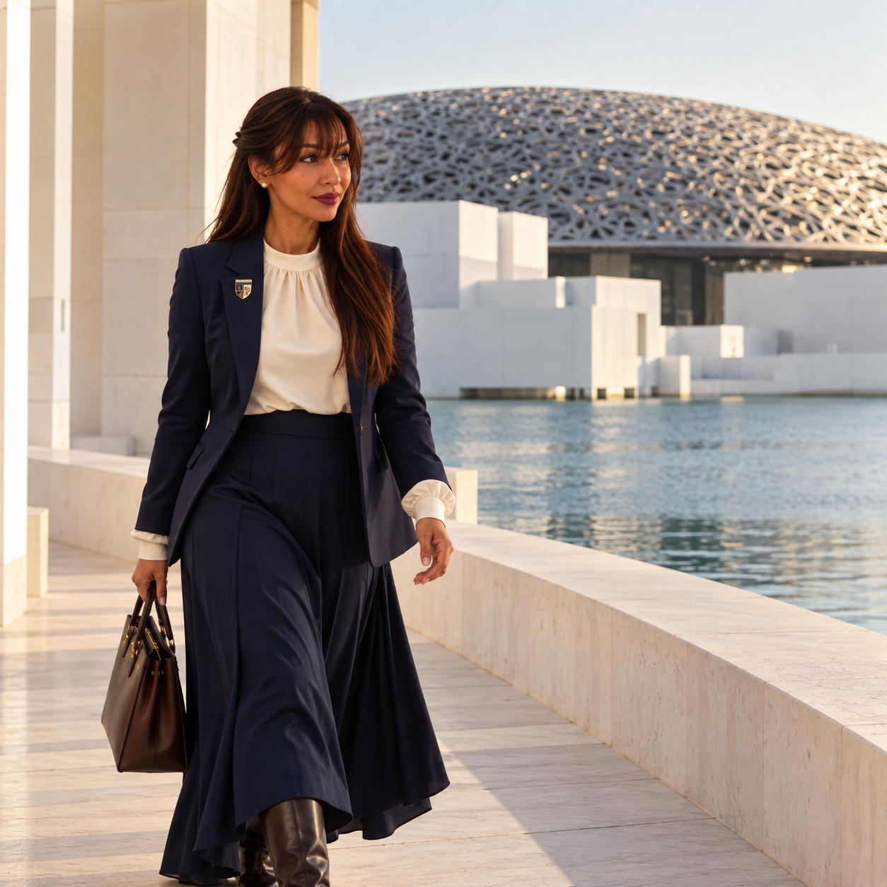 Founder Alysa Iyana walking beside contemporary waterfront architecture in warm evening light