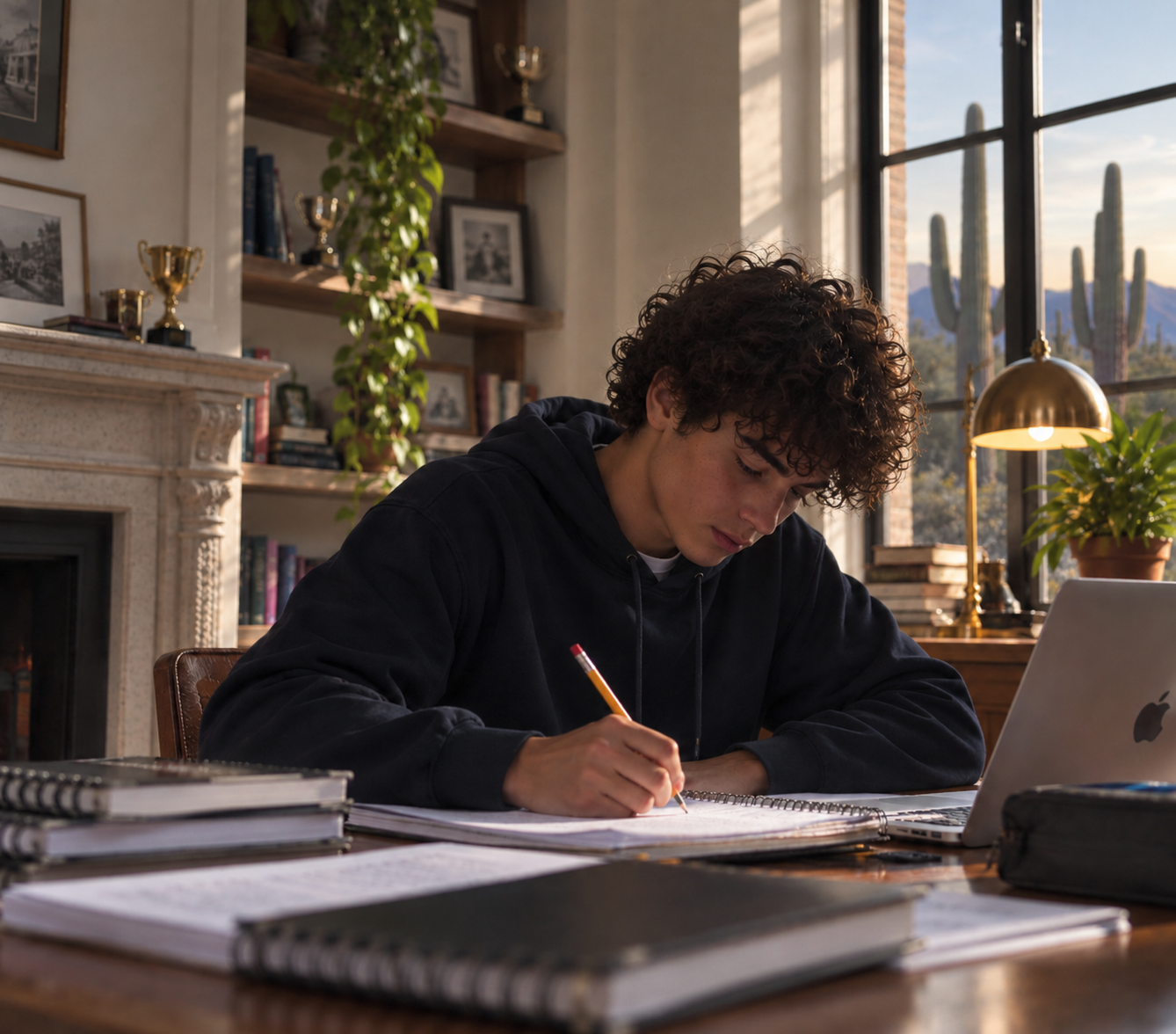 A TBIS student writing at a desk in a home library