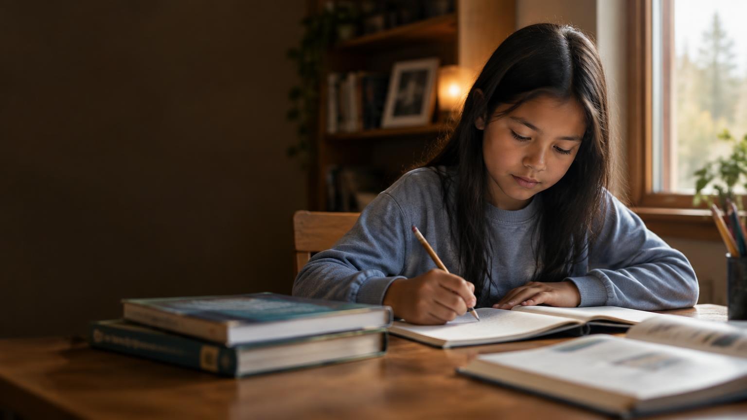 A young Indigenous student writing in a comfortable home learning environment